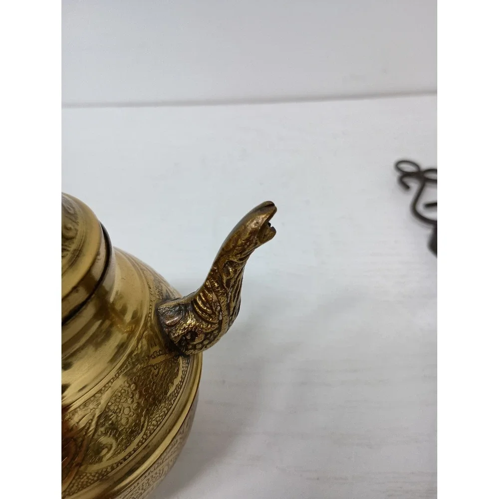 Vintage Teapot Embossed Brass Asian Small Gold Decorative Tea Pot Etched Floral
